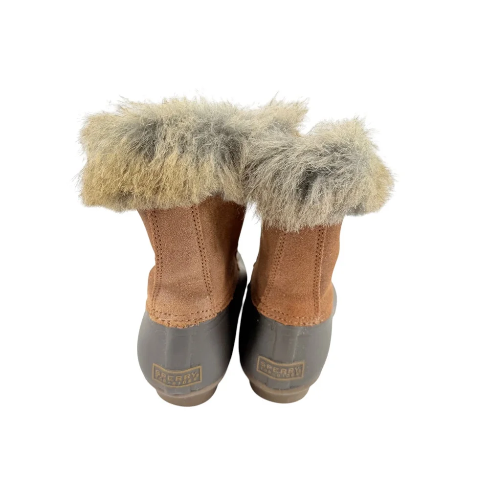 Sperry Top-Sider White Water Duck Winter Boots Brown Faux Fur Lace Up Sz 9M Cozy